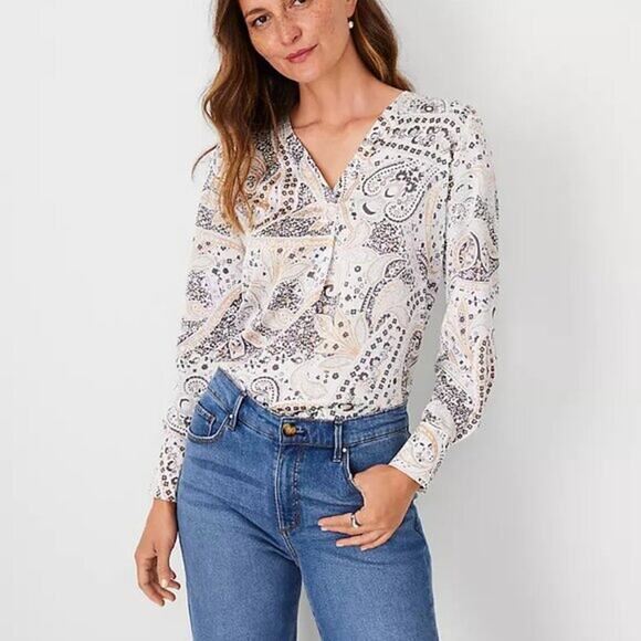 Ann Taylor Plus Size XXL Shimmer Paisley Mixed Media V-Neck Tunic Blouse - Picture 1 of 9